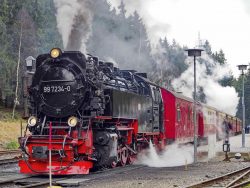 Die Brockenbahn mit Dampflokomotive an einem Wintertag im Bahnhof Schierke.